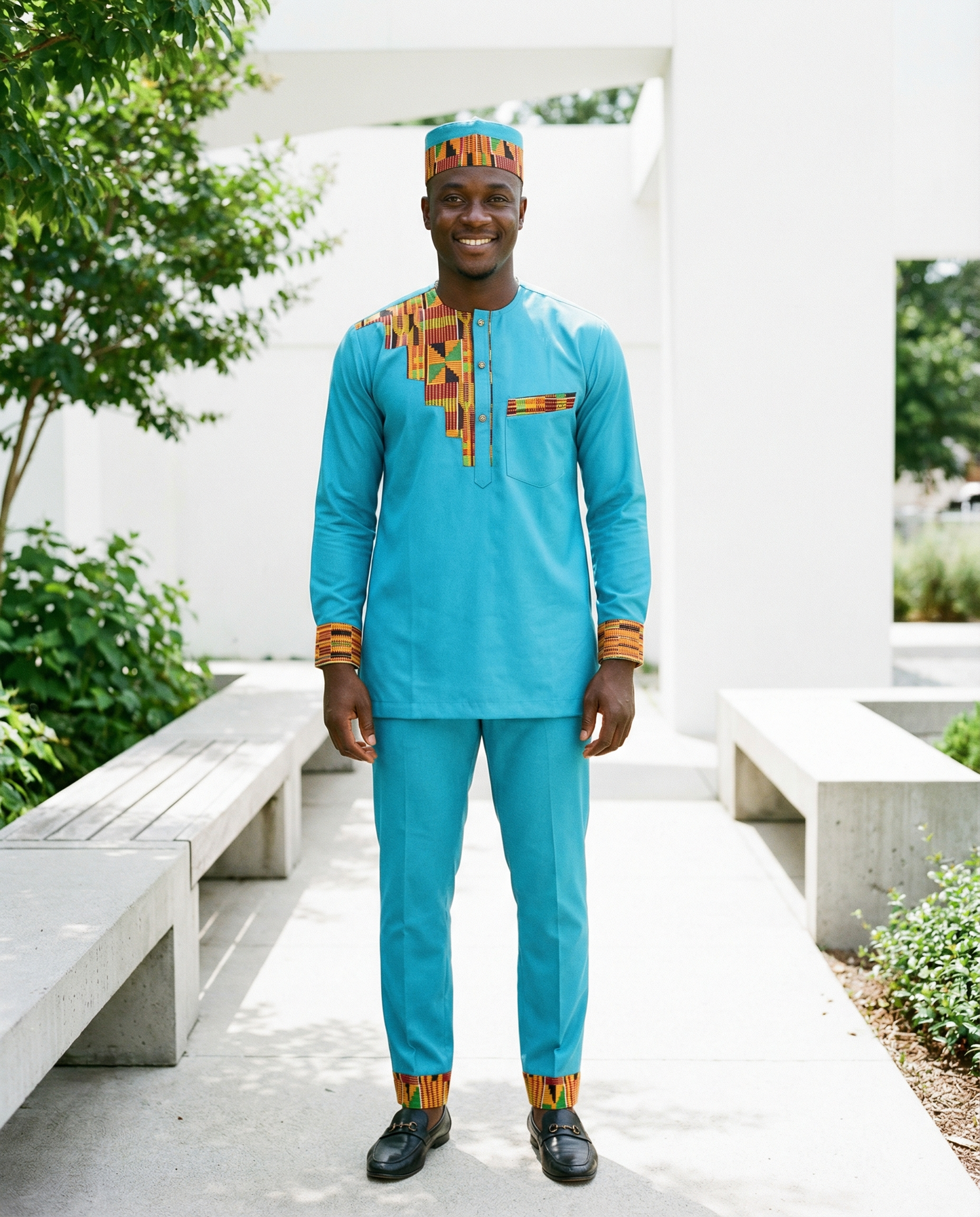 Royal Teal Kente Accent Traditional Men’s 3-Piece Set with Matching Kufi