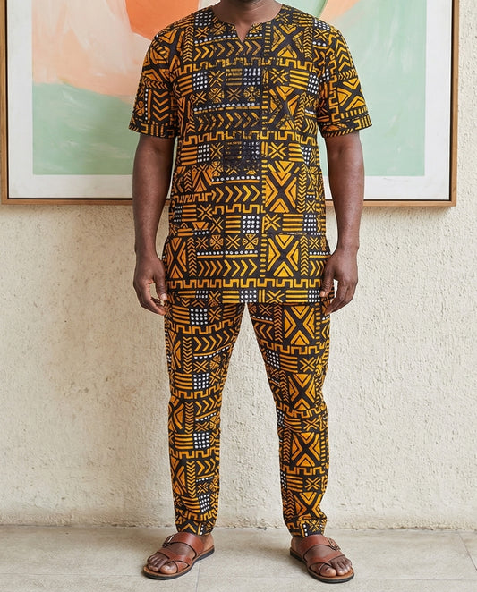 Men’s African Tribal Print Set with Matching Kufi Cap