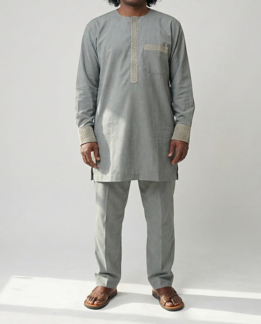 Men’s Classic Pants Set with Embroidered Detail & Matching Kufi Cap