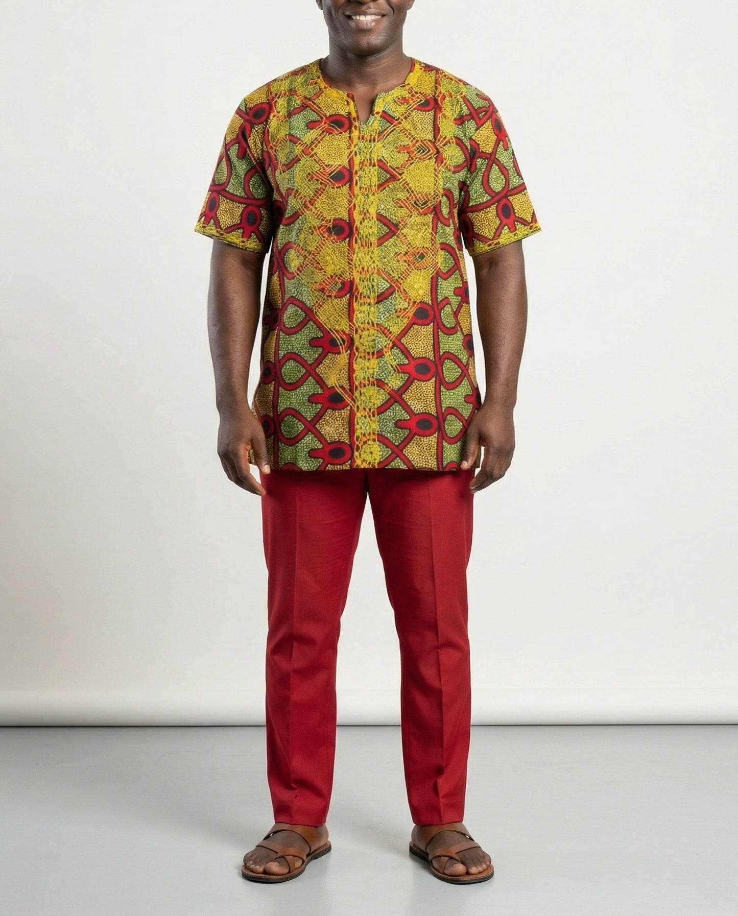 Men’s Vibrant Ankara Dashiki Shirt – Red & Yellow African Print Top