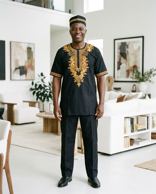 Men’s Classic Black & Gold Embroidered Dashiki Pants Set with Cap