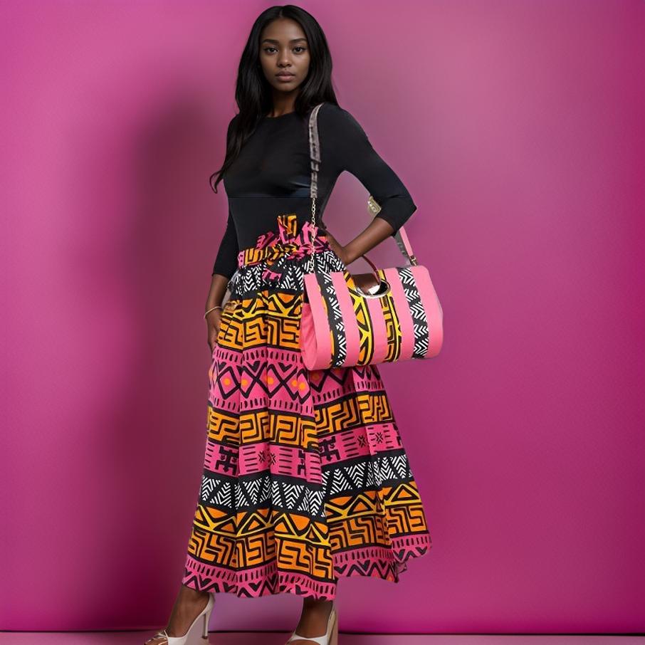 African Coral Ankara Print Long 8 Panel Skirt & Handbag Set