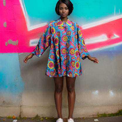 Authentic African Print Big Button Tunic Dress