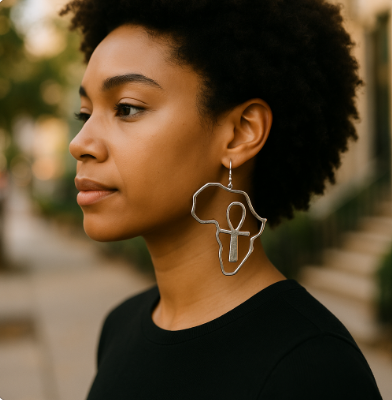 African Map Ankh Cross Pendant Earrings