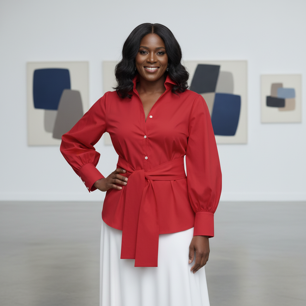 Women’s Plus Size Elegant Button-Down Tie-Waist Blouse – Red