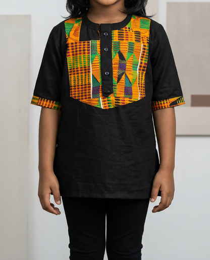 Kids Black Kente Print Dashiki Top (Unisex)