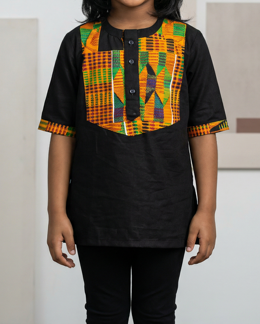 Kids Black Kente Print Dashiki Top (Unisex)