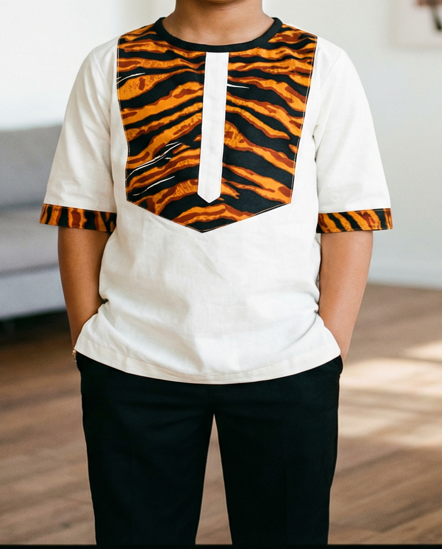 Kids White Tiger Print Dashiki Top (Unisex)