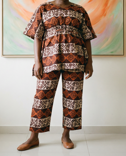 Women's 2-pc Brown/Cream African Print Waist Tie Top and Pants Set