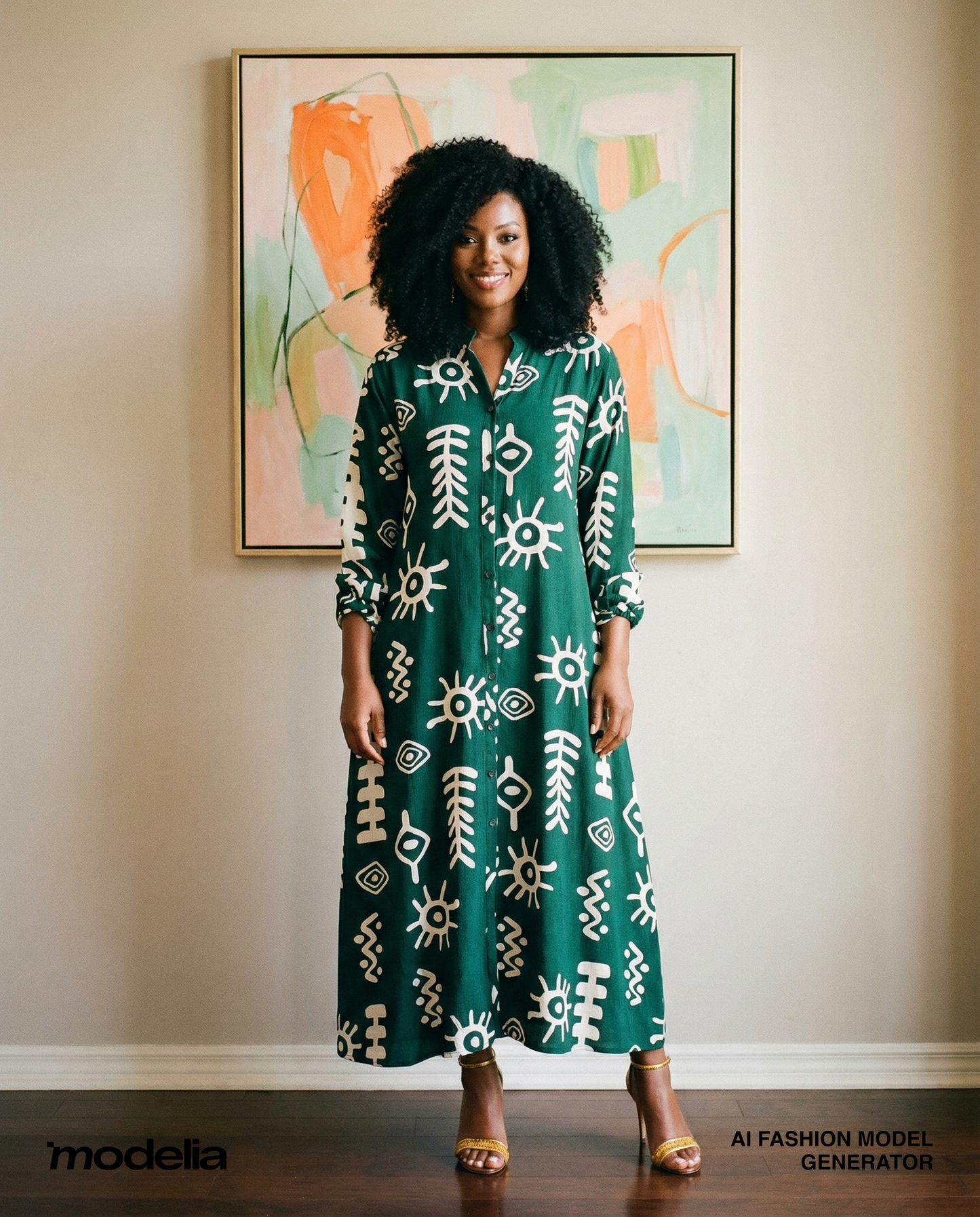 Emerald Tribal Print Maxi Shirt Dress – Elegant African-Inspired Statement Gown