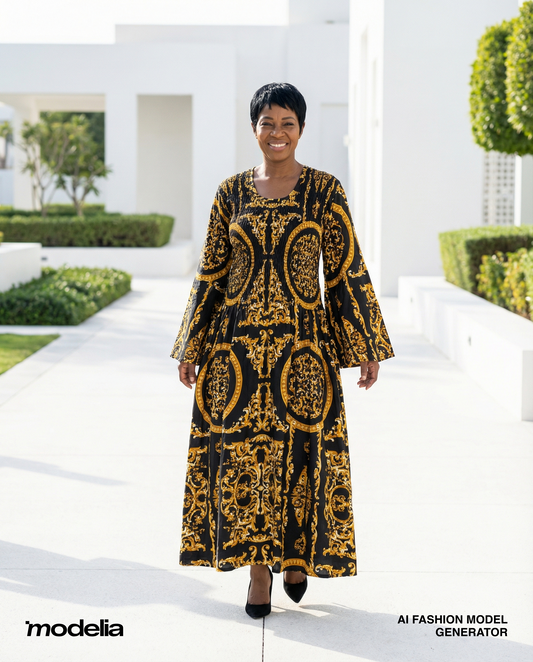 Royal Gold Baroque Print Maxi Dress with Flare Sleeves & Matching Headwrap