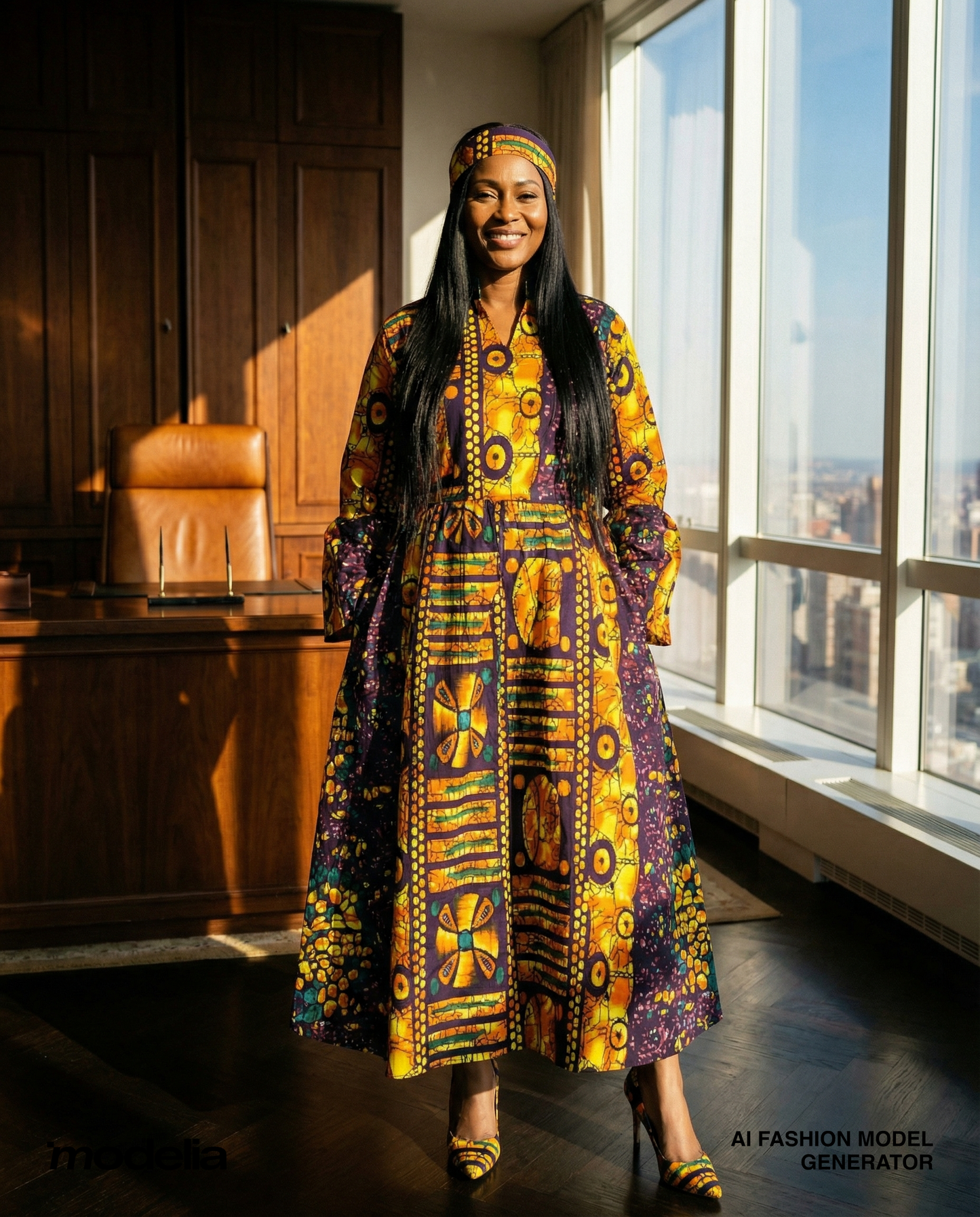 Vibrant Ankara Patchwork Maxi Dress with Belt & Matching Headwrap