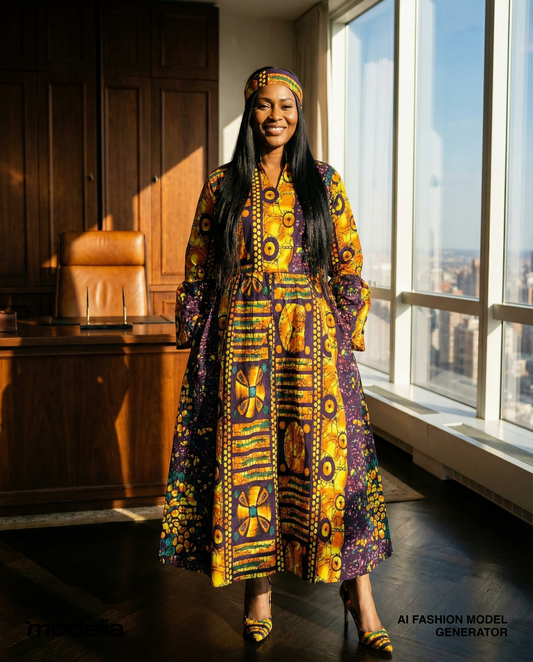 Vibrant Ankara Patchwork Maxi Dress with Belt & Matching Headwrap