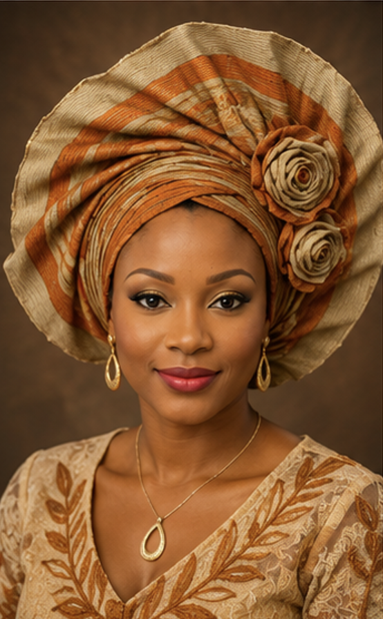 Khaki & Burnt Orange Aso Oke Gele