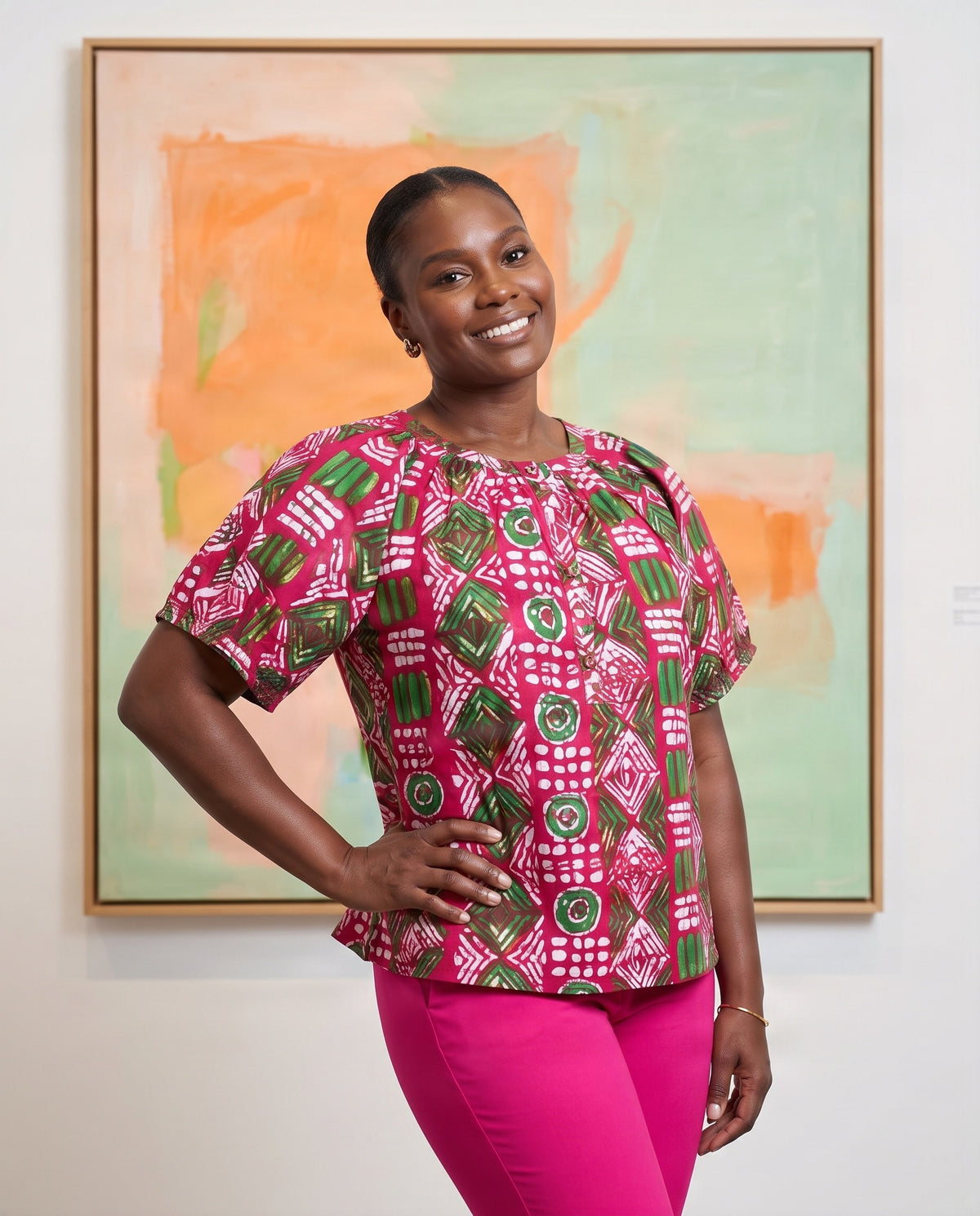 Woman's African Green-Pink Print Top
