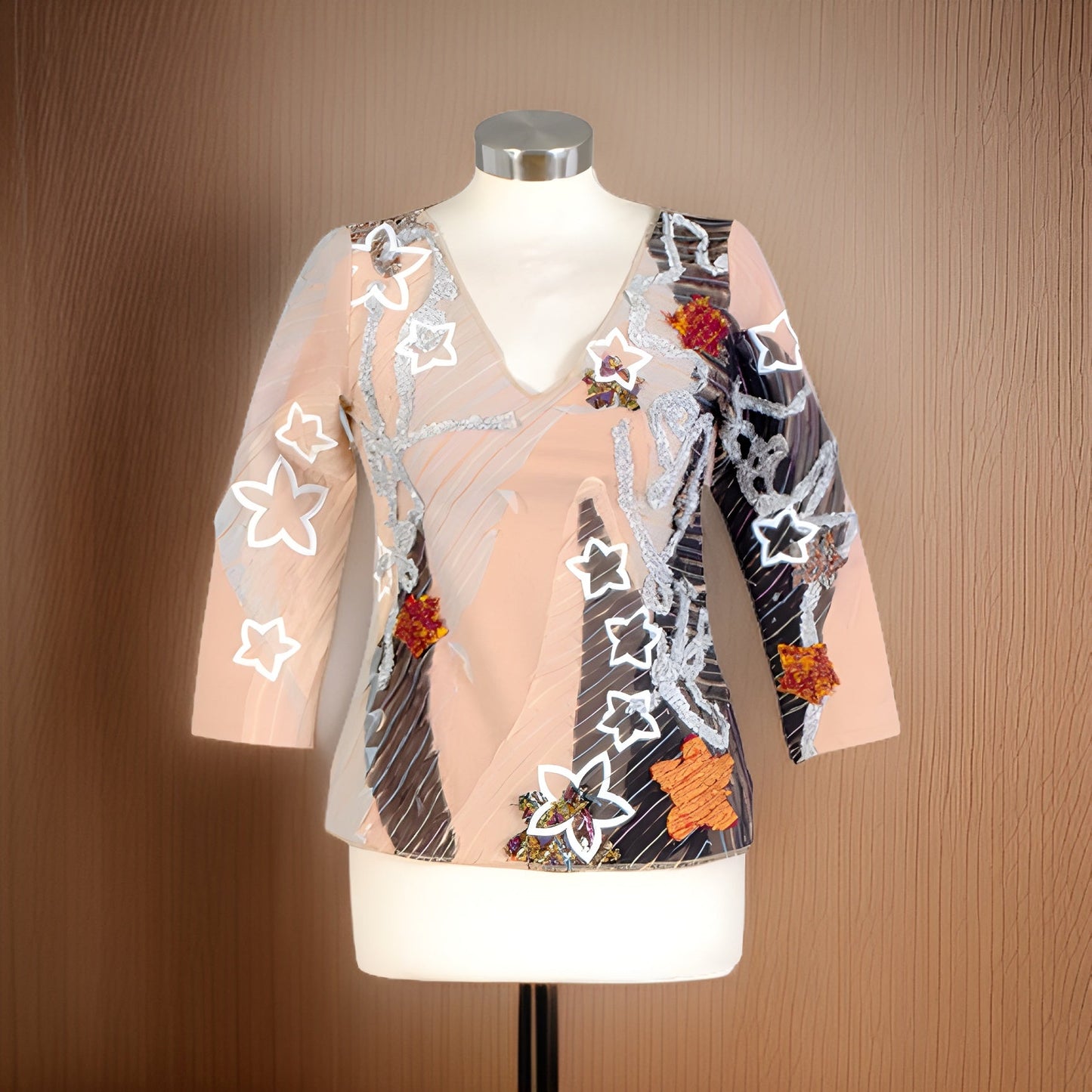 Three-Quarter Sleeve Mixed Media Top (Taupe Medium) - Premium Other Fashions from MAGOS - Just $10! Shop this and more Other Fashions now 