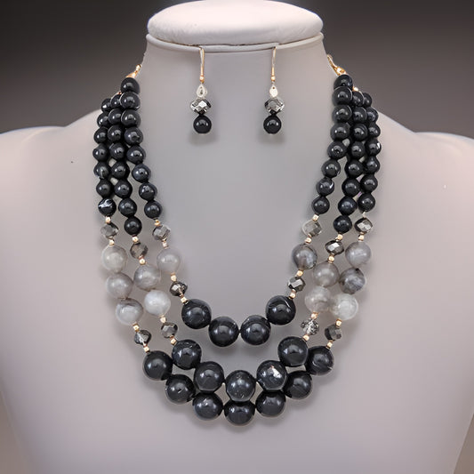 Two Tone Black Layered Beaded Necklace & Earring Set - Premium Fashion Jewelry from MAGOS - Just $16.99! Shop this and more Fashion Jewelry now 