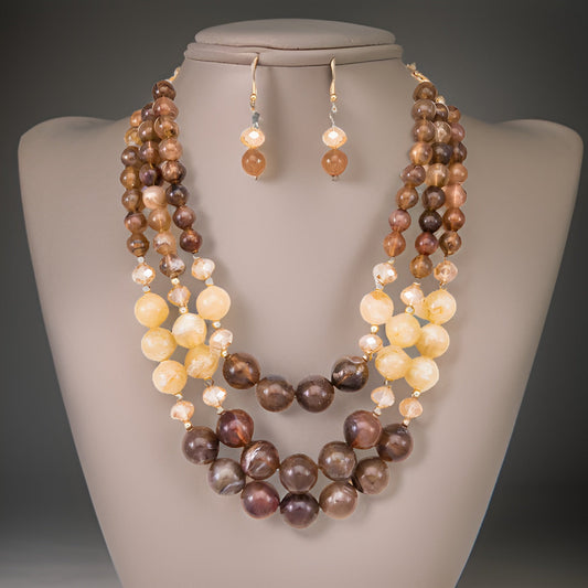 Two Tone Brown Layered Beaded Necklace & Earring Set - Premium Fashion Jewelry from MAGOS - Just $16.99! Shop this and more Fashion Jewelry now 