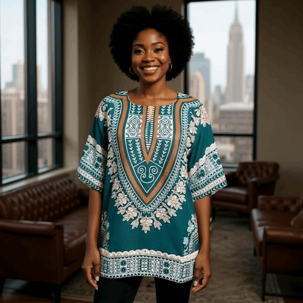 Unisex Teal African Print Dashiki with peach and white tribal patterns, V-neck design, and flowing sleeves, styled in a modern urban setting.
