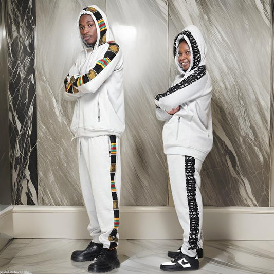 Light Grey African Kente Mud Print Jogger Track Suit