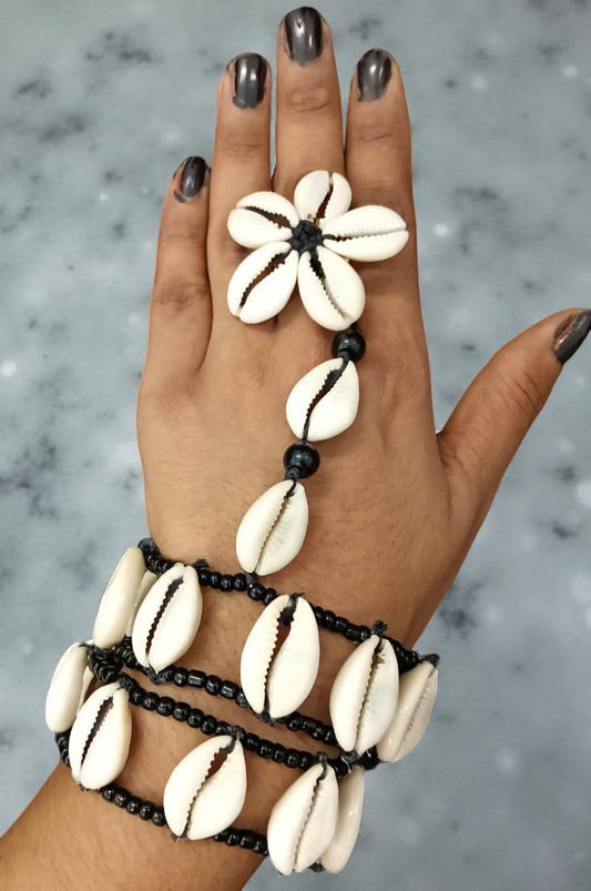 Handmade Cowrie Shell Double Bracelet Ring Set.