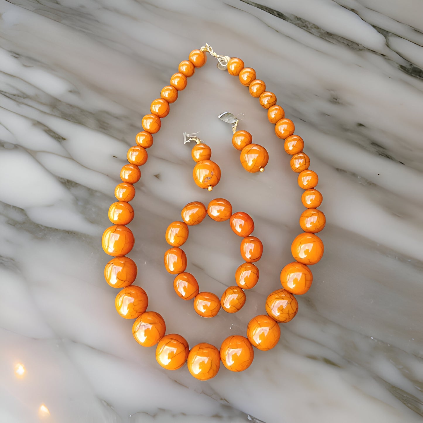 Beaded Round Marble Necklace, Bracelet and Earring Set