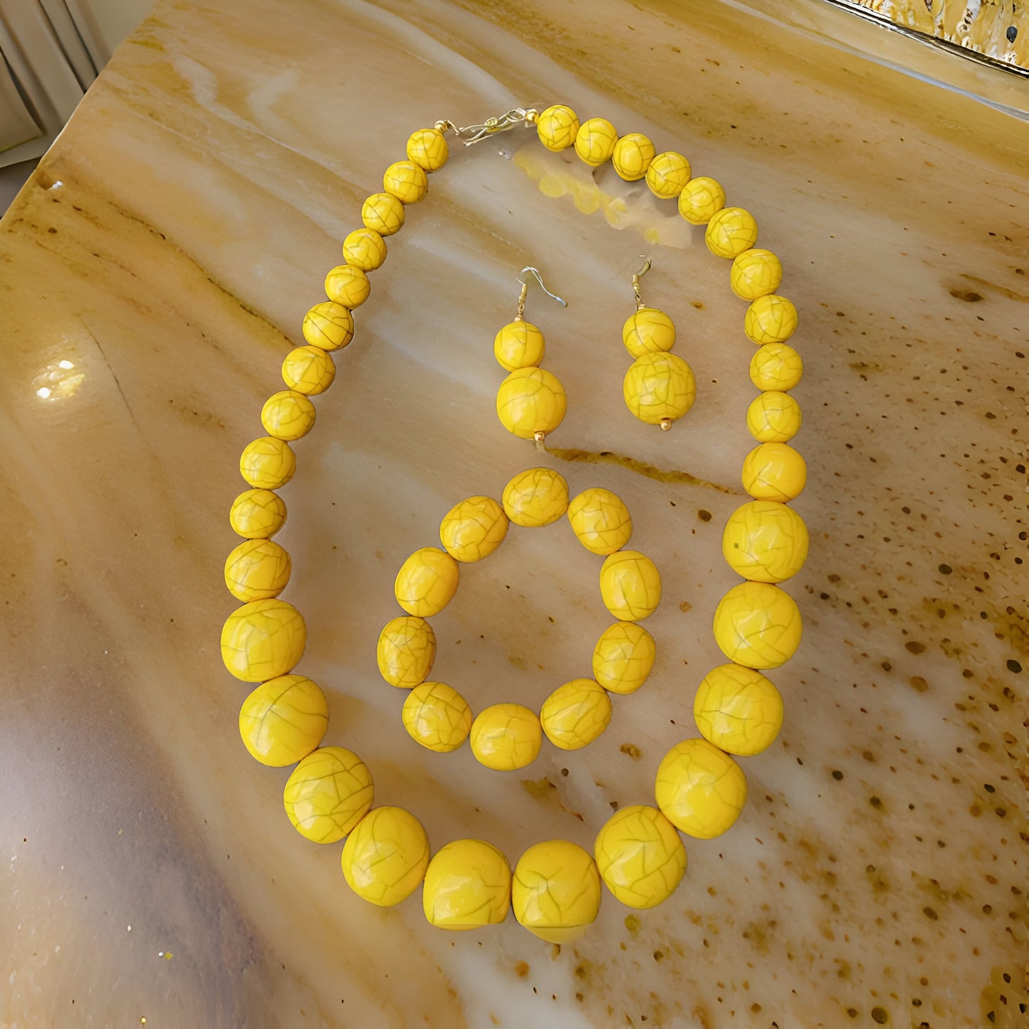 Beaded Round Marble Necklace, Bracelet and Earring Set