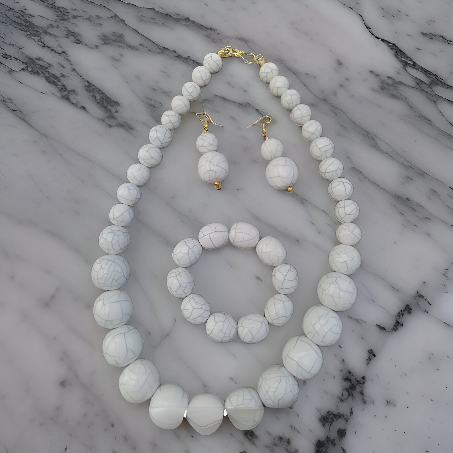 Beaded Round Marble Necklace, Bracelet and Earring Set