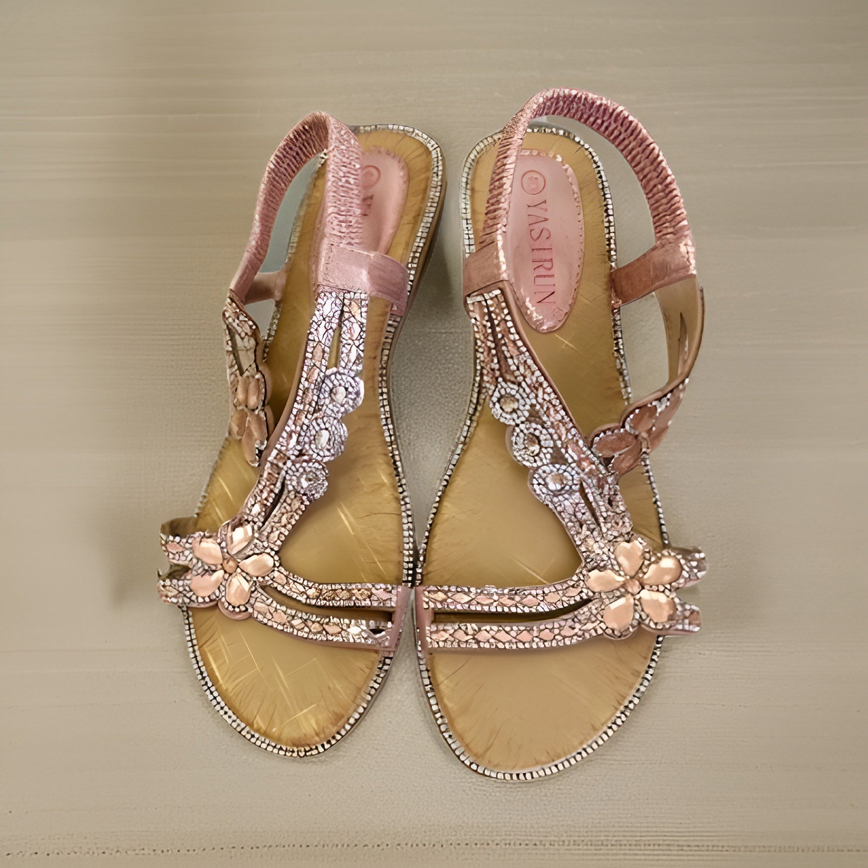 Women's Flat Pink Sandals with Diamond Inlay Design - Premium Footwear from MAGOS - Just $17.99! Shop this and more Footwear now 