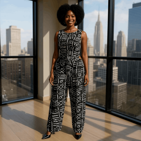 Women's African Wax Black/White Print Jumpsuit