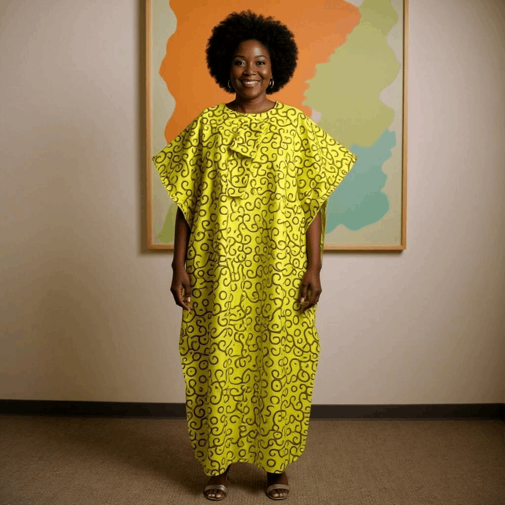 Yellow Swirl Print Large Kaftan Dress