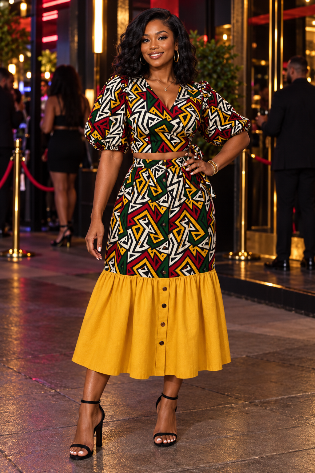 Geometric Print Wrap Top & Mustard Hem Skirt Set