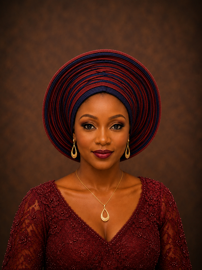 Burgundy & Navy Blue Aso Oke Gele