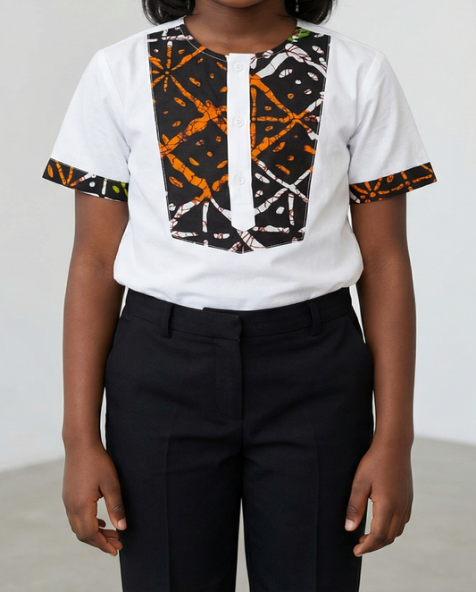 Kids White Dashiki Shirt with bold, earthy accents