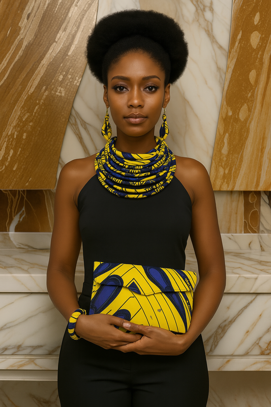 Ankara Yellow Blue Peacock Print Necklace Set w/matching Clutch
