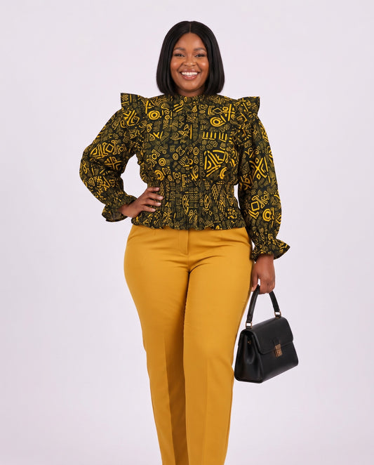 Black and Golden-Yellow Tribal-Inspired African Print Top and Maxi Skirt Set