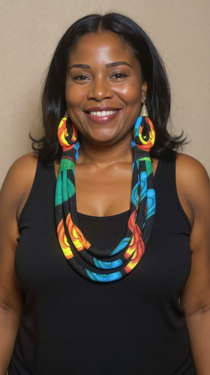Denim Ankara Print Midi Dress w/Necklace & Earrings Set