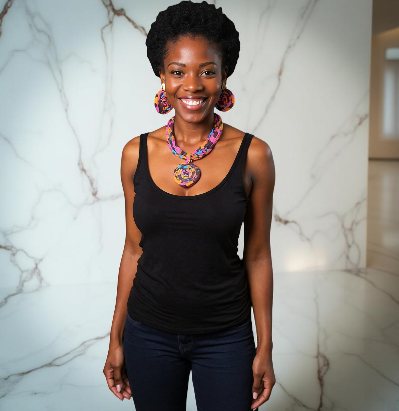 Denim Ankara Print Midi Dress w/Necklace & Earrings Set