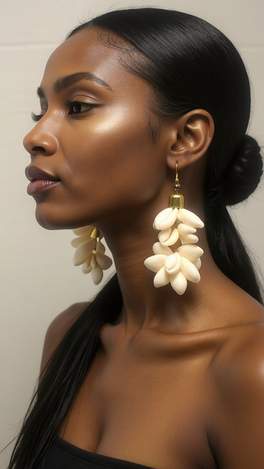 Clustered Floral Design Cowrie Shell Drop Earrings