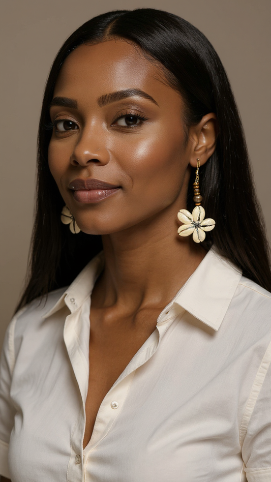 Wooden Beaded Cowrie Shell Flower Shape Earrings
