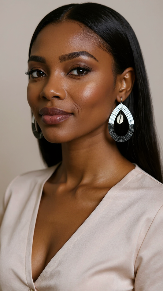 Black/White Beaded African Cowrie Shell Earrings