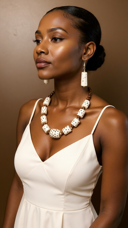 Tribal Rock Style Bone Necklace & Earrings Set (Green)