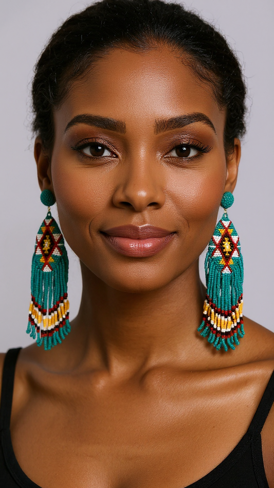 Beaded 2-tier Tapered Triangular Tassel Long Drop Earrings