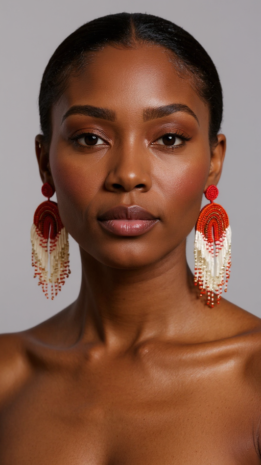 Beaded Arch 2-Tier Seed Fringe Earrings (Red)