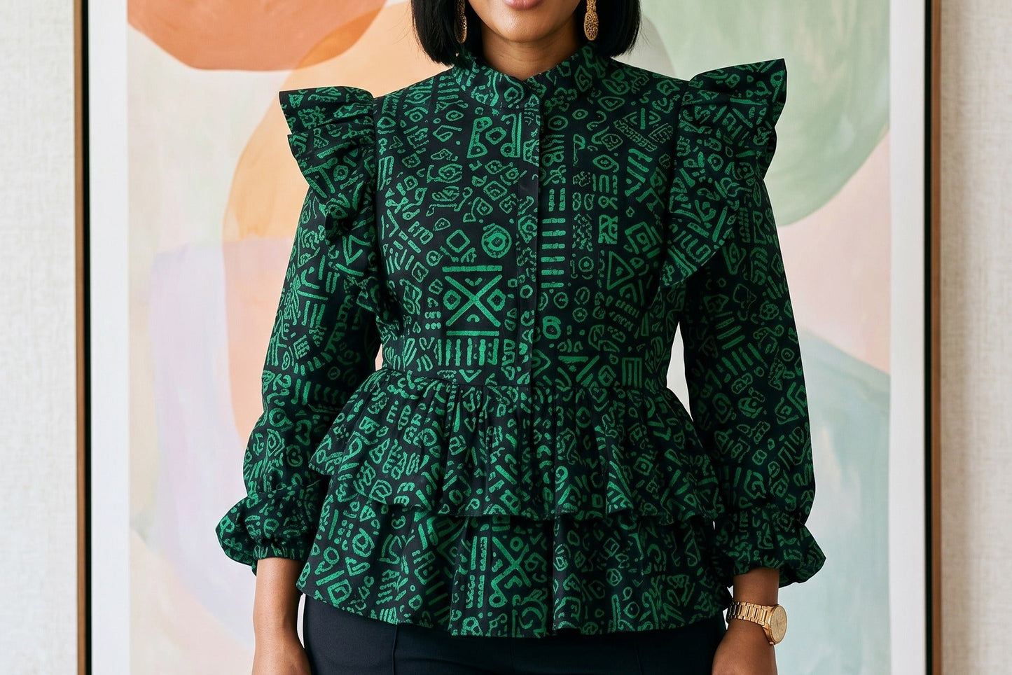 Emerald Green & Black African Print Wide-Leg Palazzo Pants
