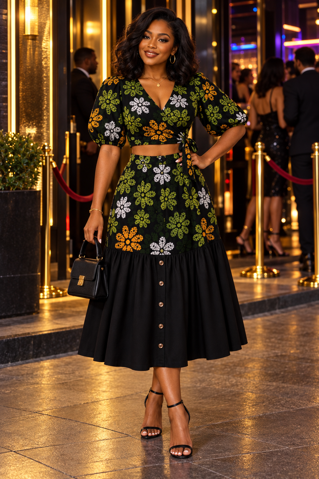 Black Floral Print Wrap Top & Midi Skirt Set