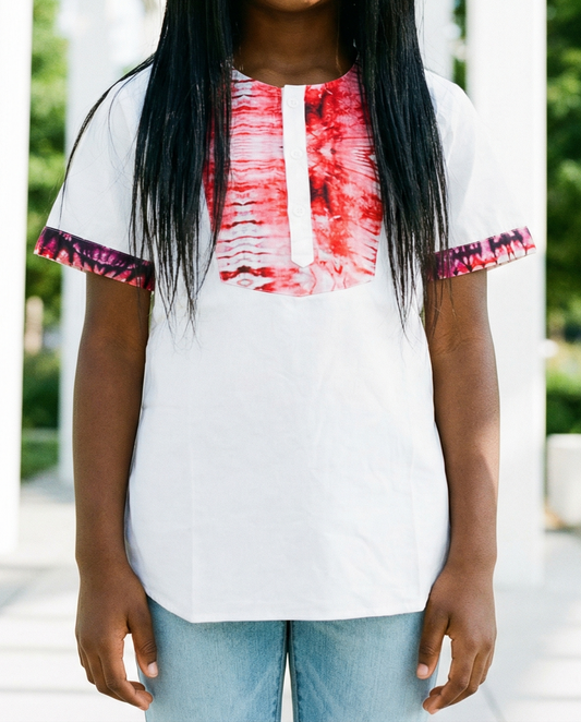 Kids White Dashiki Shirt with Red Rose Pink Tie-Dye Panel