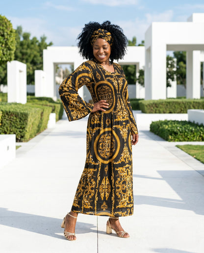 Royal Gold Baroque Print Maxi Dress with Flare Sleeves & Matching Headwrap