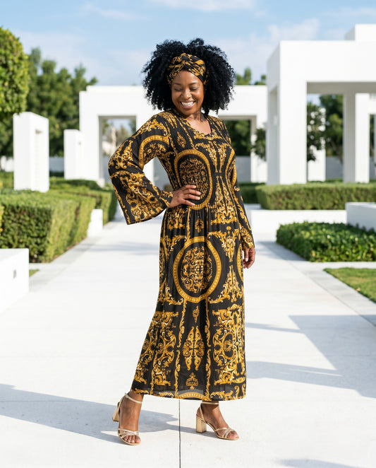 Royal Gold Baroque Print Maxi Dress with Flare Sleeves & Matching Headwrap