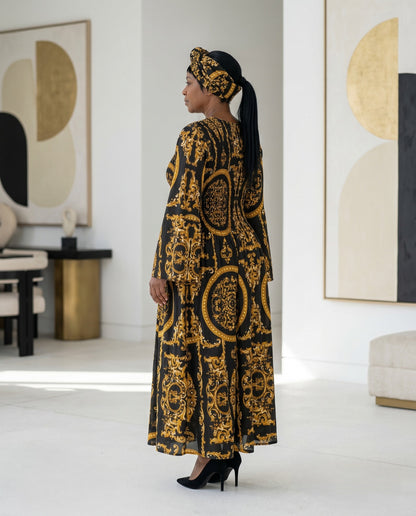 Royal Gold Baroque Print Maxi Dress with Flare Sleeves & Matching Headwrap